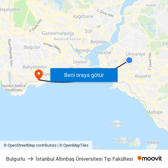 Bulgurlu to İstanbul Altınbaş Üniversitesi Tıp Fakültesi map