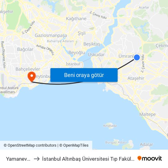 Yamanevler to İstanbul Altınbaş Üniversitesi Tıp Fakültesi map