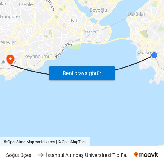 Söğütlüçeşme to İstanbul Altınbaş Üniversitesi Tıp Fakültesi map