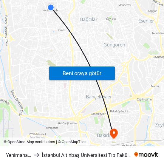 Yenimahalle to İstanbul Altınbaş Üniversitesi Tıp Fakültesi map