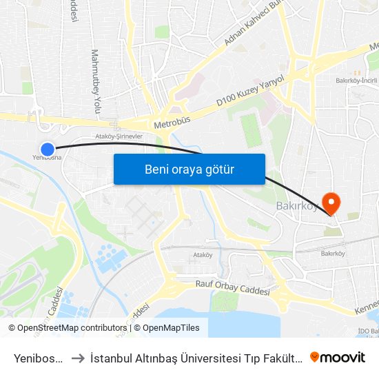 Yenibosna to İstanbul Altınbaş Üniversitesi Tıp Fakültesi map