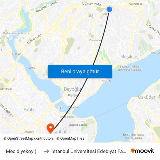 Mecidiyeköy (M7) to İstanbul Üniversitesi Edebiyat Fakültesi map