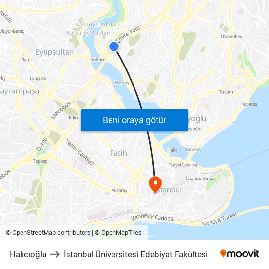 Halıcıoğlu to İstanbul Üniversitesi Edebiyat Fakültesi map