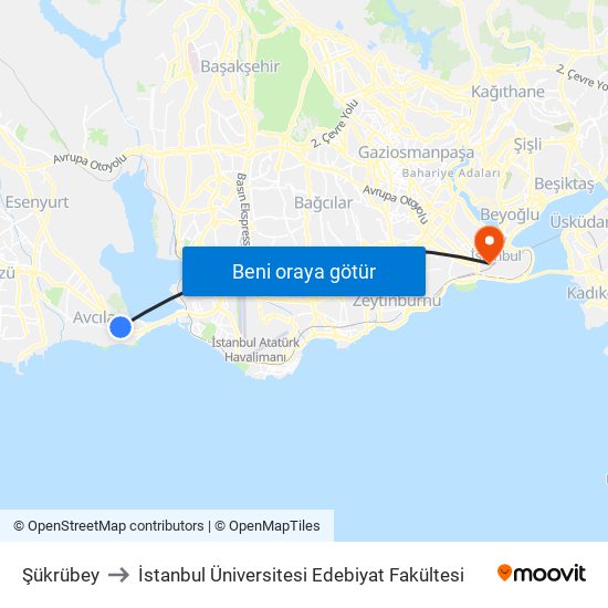 Şükrübey to İstanbul Üniversitesi Edebiyat Fakültesi map