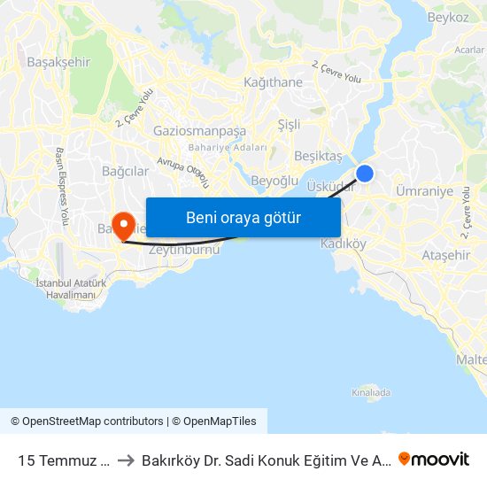 15 Temmuz Şehitler Köprüsü to Bakırköy Dr. Sadi Konuk Eğitim Ve Araştırma Hastanesi Bahçelievler Polikliniği map