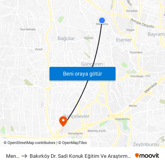 Menderes to Bakırköy Dr. Sadi Konuk Eğitim Ve Araştırma Hastanesi Bahçelievler Polikliniği map