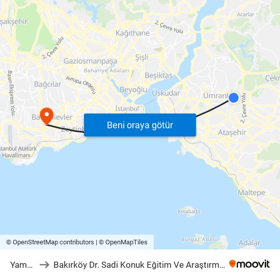 Yamanevler to Bakırköy Dr. Sadi Konuk Eğitim Ve Araştırma Hastanesi Bahçelievler Polikliniği map