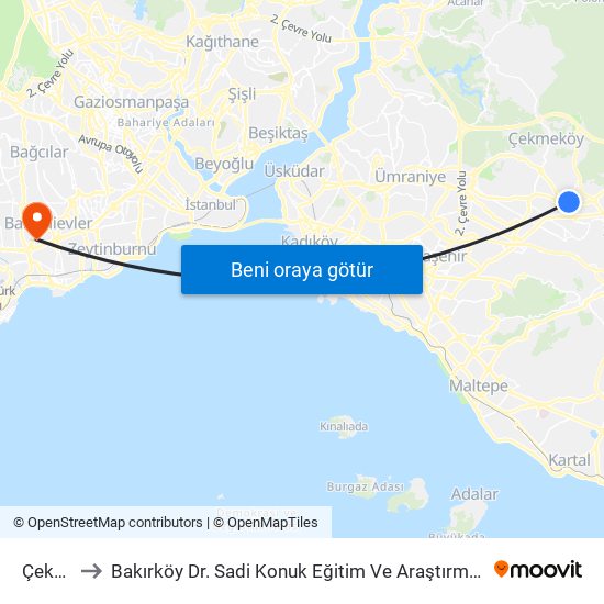 Çekmeköy to Bakırköy Dr. Sadi Konuk Eğitim Ve Araştırma Hastanesi Bahçelievler Polikliniği map