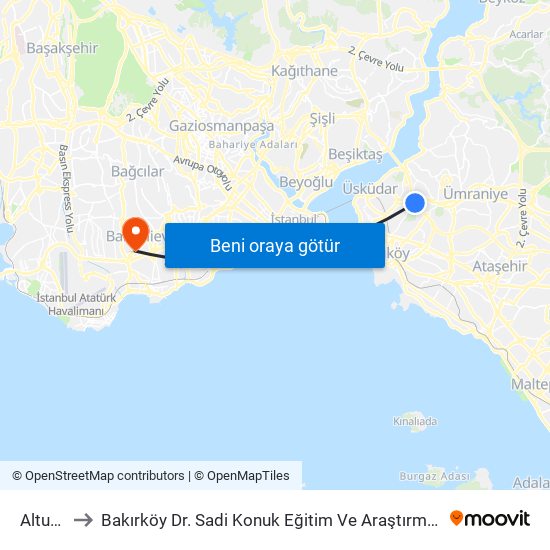 Altunizade to Bakırköy Dr. Sadi Konuk Eğitim Ve Araştırma Hastanesi Bahçelievler Polikliniği map