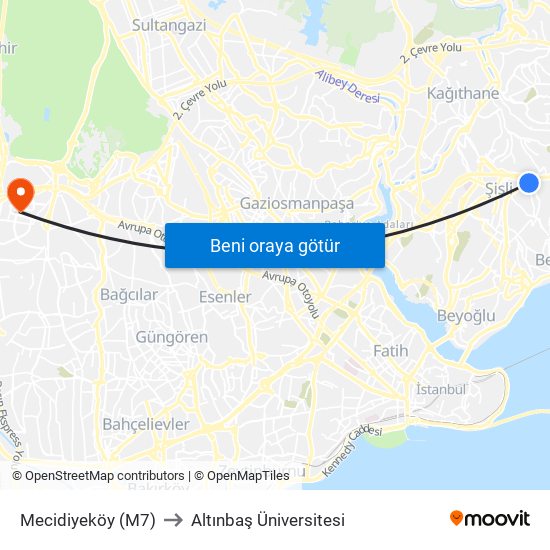 Mecidiyeköy (M7) to Altınbaş Üniversitesi map