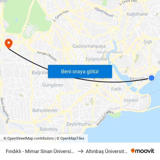 Fındıklı - Mimar Sinan Üniversitesi to Altınbaş Üniversitesi map