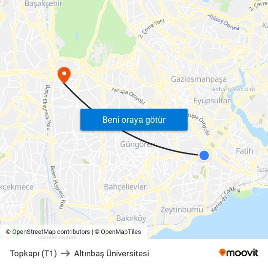 Topkapı (T1) to Altınbaş Üniversitesi map