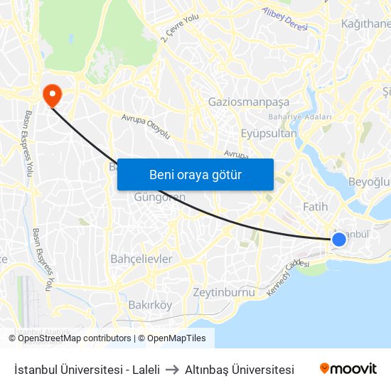 İstanbul Üniversitesi - Laleli to Altınbaş Üniversitesi map