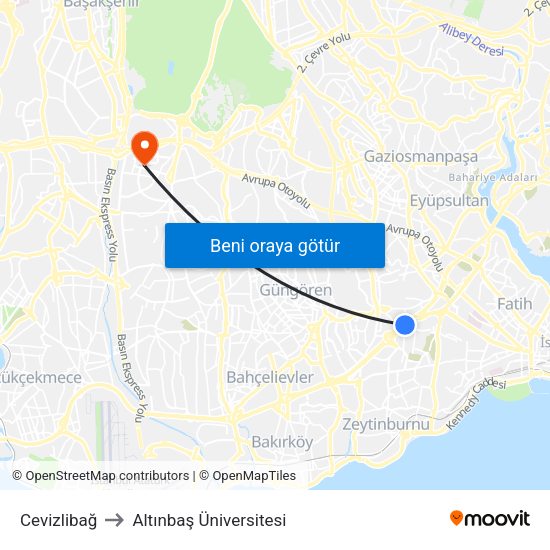 Cevizlibağ to Altınbaş Üniversitesi map
