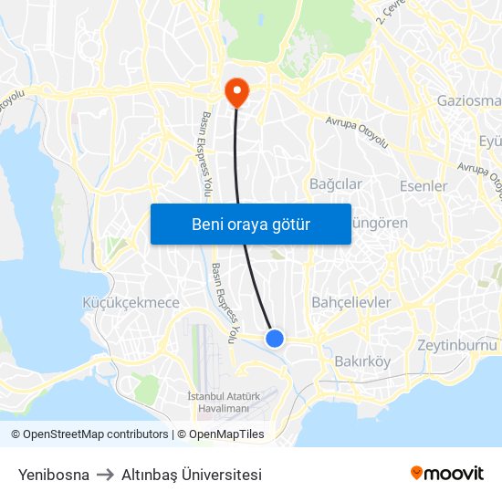 Yenibosna to Altınbaş Üniversitesi map