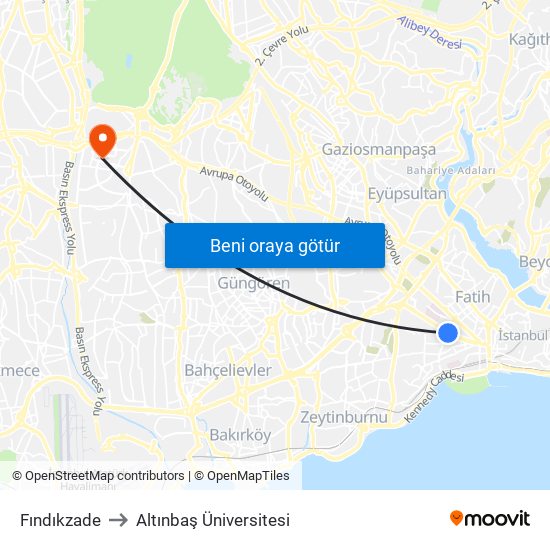 Fındıkzade to Altınbaş Üniversitesi map