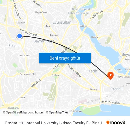 Otogar to Istanbul University Iktisad Faculty Ek Bina 1 map