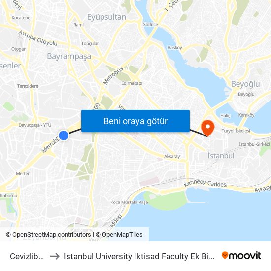 Cevizlibağ to Istanbul University Iktisad Faculty Ek Bina 1 map