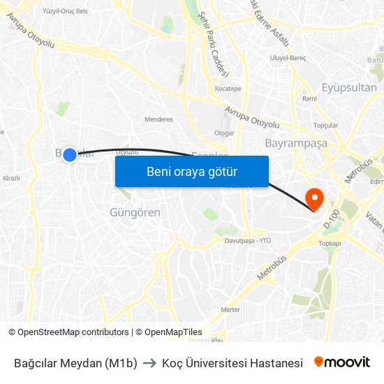 Bağcılar Meydan (M1b) to Koç Üniversitesi Hastanesi map