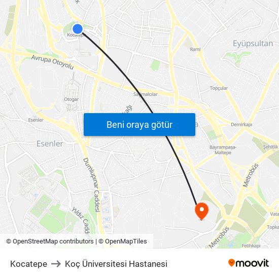 Kocatepe to Koç Üniversitesi Hastanesi map