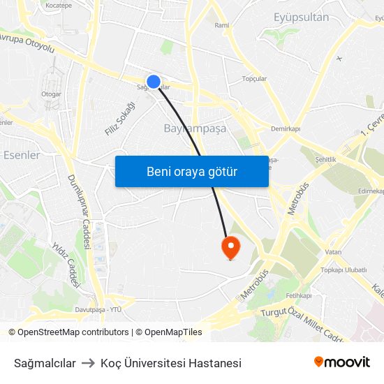 Sağmalcılar to Koç Üniversitesi Hastanesi map