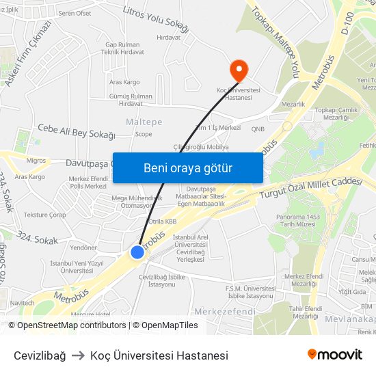 Cevizlibağ to Koç Üniversitesi Hastanesi map