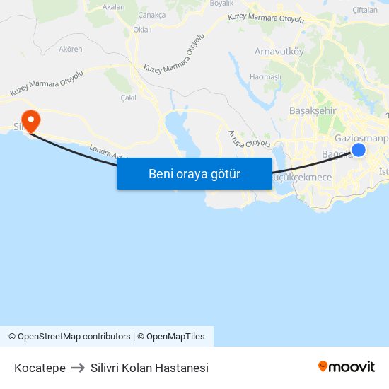 Kocatepe to Silivri Kolan Hastanesi map