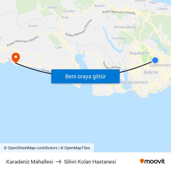 Karadeniz Mahallesi to Silivri Kolan Hastanesi map
