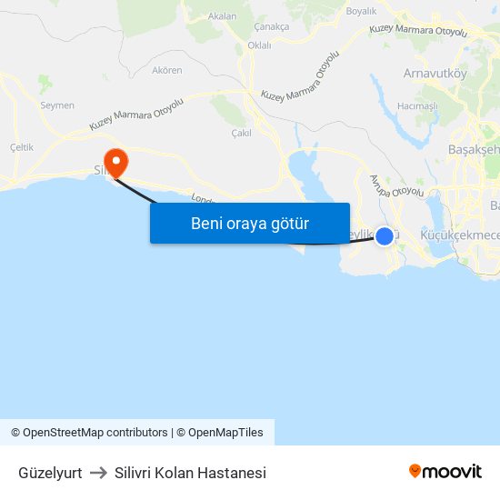 Güzelyurt to Silivri Kolan Hastanesi map
