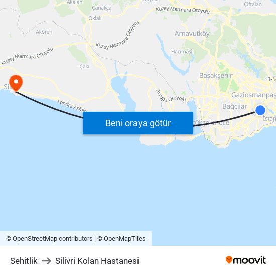 Sehitlik to Silivri Kolan Hastanesi map