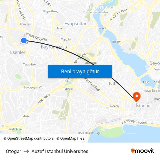 Otogar to Auzef İstanbul Üniversitesi map