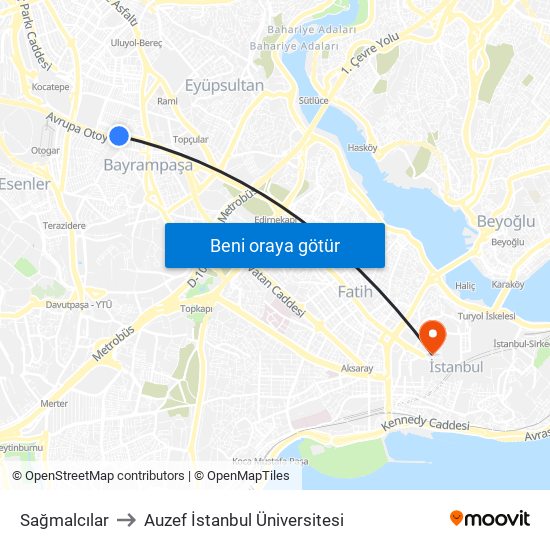 Sağmalcılar to Auzef İstanbul Üniversitesi map