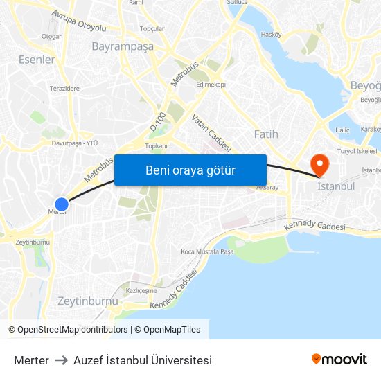 Merter to Auzef İstanbul Üniversitesi map