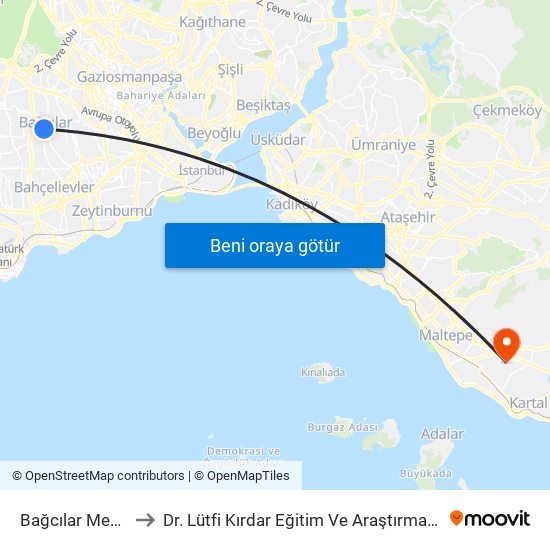 Bağcılar Meydan (M1b) to Dr. Lütfi Kırdar Eğitim Ve Araştırma Hastanesi Yanık Merkezi. map