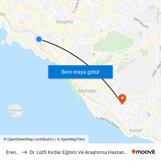 Erenköy to Dr. Lütfi Kırdar Eğitim Ve Araştırma Hastanesi Yanık Merkezi. map