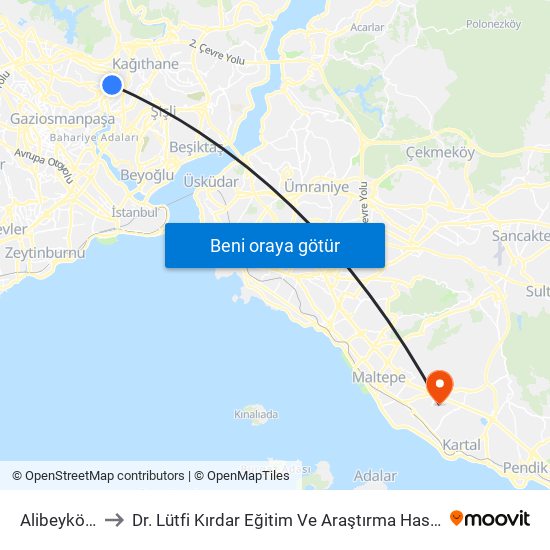 Alibeyköy (M7) to Dr. Lütfi Kırdar Eğitim Ve Araştırma Hastanesi Yanık Merkezi. map