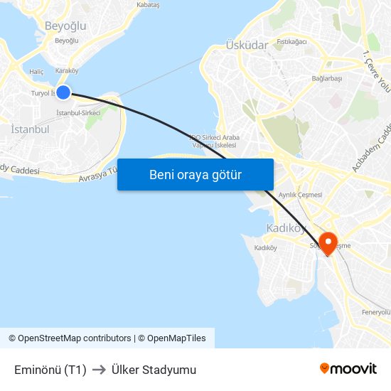 Eminönü (T1) to Ülker Stadyumu map
