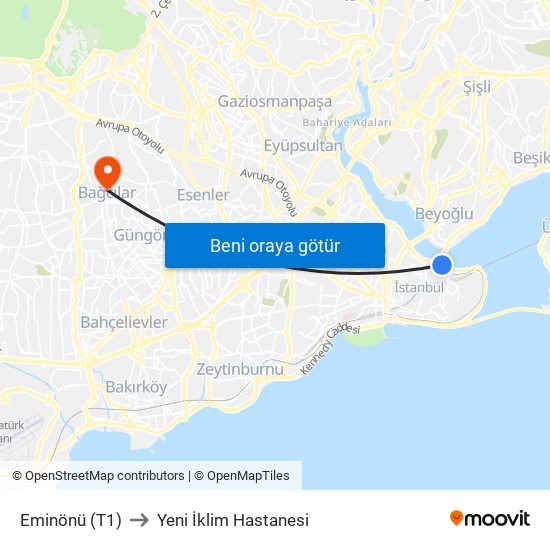 Eminönü (T1) to Yeni İklim Hastanesi map