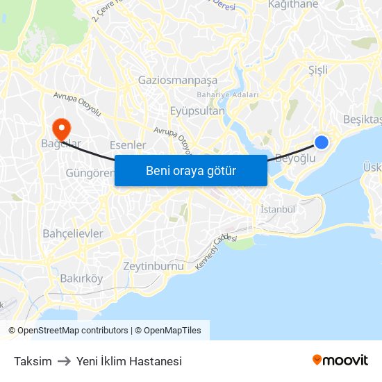 Taksim to Yeni İklim Hastanesi map