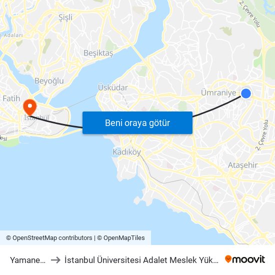 Yamanevler to İstanbul Üniversitesi Adalet Meslek Yüksekokulu map