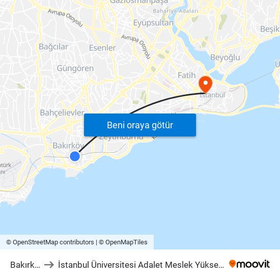 Bakırköy to İstanbul Üniversitesi Adalet Meslek Yüksekokulu map