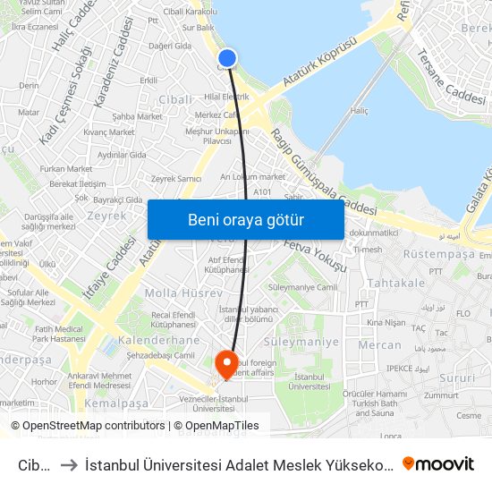 Cibali to İstanbul Üniversitesi Adalet Meslek Yüksekokulu map