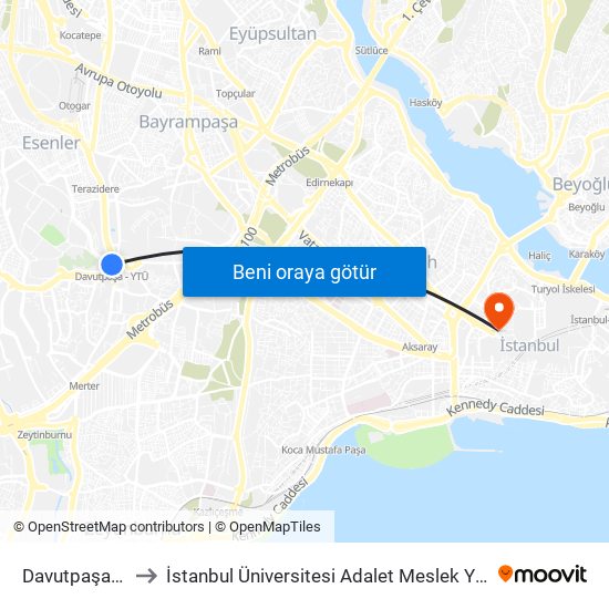 Davutpaşa - Ytü to İstanbul Üniversitesi Adalet Meslek Yüksekokulu map