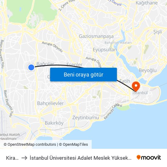 Kirazlı to İstanbul Üniversitesi Adalet Meslek Yüksekokulu map