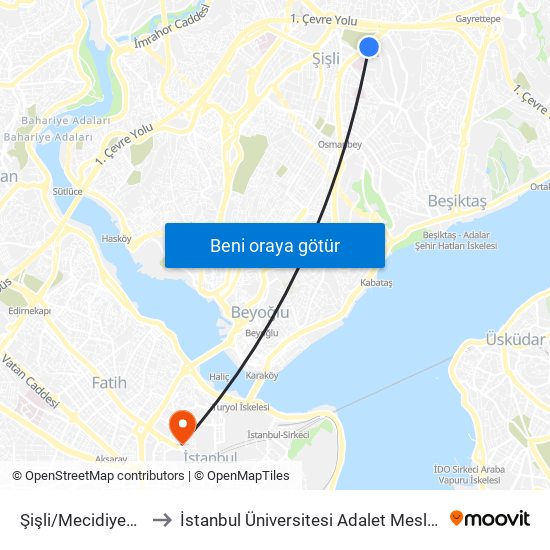 Şişli/Mecidiyeköy (M2) to İstanbul Üniversitesi Adalet Meslek Yüksekokulu map