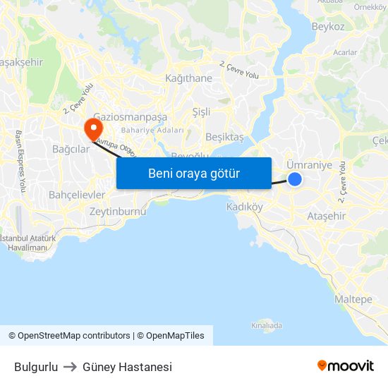 Bulgurlu to Güney Hastanesi map