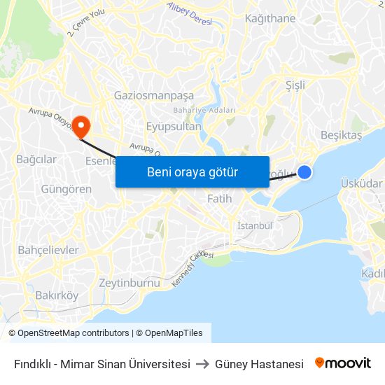 Fındıklı - Mimar Sinan Üniversitesi to Güney Hastanesi map