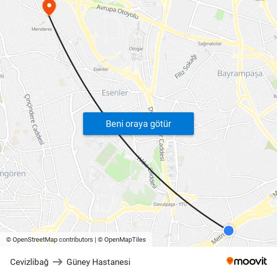 Cevizlibağ to Güney Hastanesi map