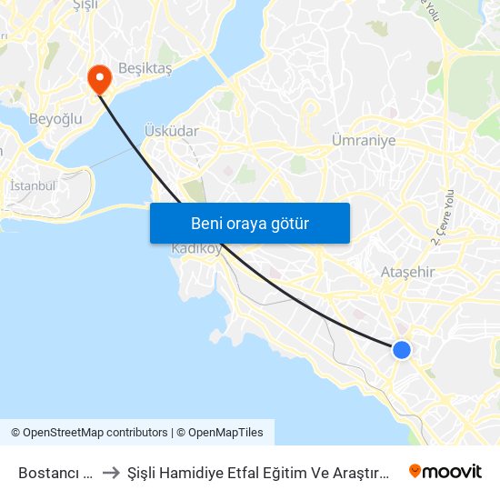 Bostancı (M4) to Şişli Hamidiye Etfal Eğitim Ve Araştırma Hastanesi map