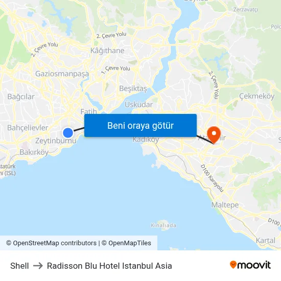 Shell to Radisson Blu Hotel Istanbul Asia map